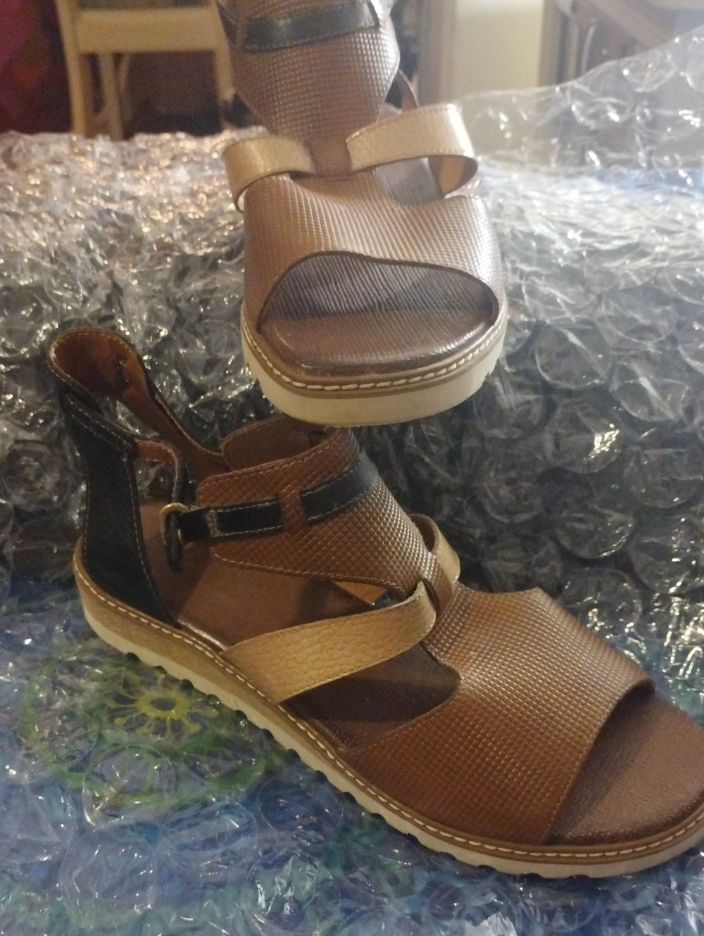 PIKOLINOS Brown and Dark Blue Women's Leather Sandals